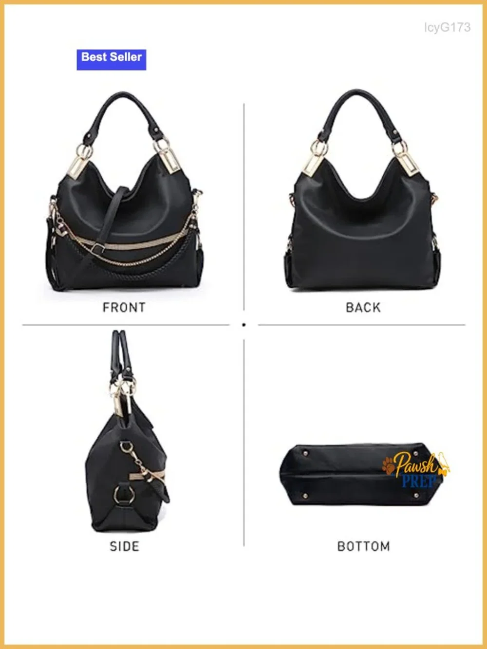 Vegan Leather Hobo Bag with Rhinestone Accents, Adjustable Strap, Tote Purse